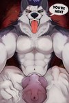 alt_version animal_genitalia animal_penis anthro balls big_balls bulge canine_genitalia canine_penis cock_vore duo genitals green_eyes huge_balls knot male muscular muscular_anthro muscular_male penile penis predator/prey scar smile solo_focus speech_bubble talking_to_viewer tongue tongue_out vore moonrick canid canine canis mammal wolf hi_res