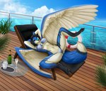 2020 4_toes alcohol anthro berlinetta beverage bikini biped black_hair blue_body blue_eyes blue_fur blue_sky breasts canid canine canis champagne clothing countershading day digital_media_(artwork) dipstick_tail feathered_wings feathers feet female floor fur glass_table hair hands_behind_head hi_res leg_markings lying mammal markings multicolored_body multicolored_fur multicolored_tail on_back paintchaser paws plant presenting sea shrub sky socks_(marking) solo spread_legs spreading sun_lounger swimwear tail tail_markings tan_body tan_feathers tan_fur toes two_tone_body two_tone_fur water wings wolf wood wood_floor