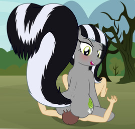 bestiality big_tail blush butt cutie_mark dead_tree detailed_background dominant dominant_female duo facesitting female female_on_human feral fluffy fluffy_tail green_eyes human_on_feral interspecies male male/female male_on_feral outside plant quadruped raised_tail sitting sitting_on_another struggling tail tree badumsquish friendship_is_magic hasbro my_little_pony generic_messy_hair_anime_anon limestone_pie_(mlp) human hybrid mammal mephitid skunk absurd_res hi_res