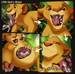 anthro base_two_layout basic_sequence brown_eyes contextual_arrow directional_arrow duo extreme_size_difference feral forest four_frame_image four_frame_sequence grid_layout internal jungle larger_feral larger_male larger_young male male_pred onomatopoeia oral_vore overweight plant sequential_arrow size_difference smaller_anthro smaller_male snack sound_effects swallowing tail teeth text tongue tree two_row_layout vore young young_feral young_male tan_(artist) disney the_lion_king simba_(the_lion_king) felid leopard lion mammal pantherine snow_leopard 2011 sequence