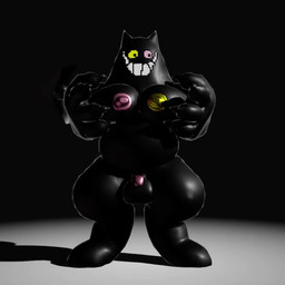 anthro balls belly big_balls big_belly big_hands big_penis black_background bodily_fluids bouncing circumcised claws crouching cum dark_fountain digitigrade genital_fluids genitals glistening glistening_body grower heterochromia laugh looking_at_viewer male masturbation metallic_nipples mismatched_nipples moobs musclegut muscular nipples pec_squeeze pec_squish pecs penis pink_eyes pink_nipples pink_sclera pointed_tail simple_background small_penis smile solo sound_effects tail teeth unusual_bodily_fluids unusual_cum unusual_genital_fluids yellow_eyes yellow_nipples yellow_sclera sightsear deltarune undertale_(series) friend_(deltarune) darkner domestic_cat felid feline felis mammal 3d_(artwork) 3d_animation animated blender_(artwork) digital_media_(artwork) short_playtime sound video