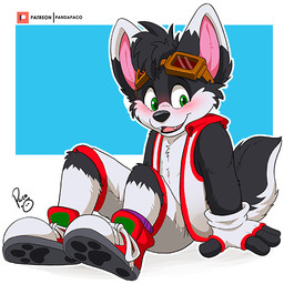anthro black_body black_fur black_hair black_nose black_tail blush bottomwear clothed clothing eyewear eyewear_on_head footwear fur goggles goggles_on_head green_eyes hair logo looking_at_viewer male male_anthro open_clothing open_mouth open_smile open_topwear patreon_logo red_bottomwear red_clothing red_footwear red_shoes red_shorts red_topwear shoes short_hair shorts simple_background sitting smile solo tail topwear white_body white_bottomwear white_clothing white_footwear white_fur white_shoes white_shorts white_tail white_topwear young young_anthro young_male pandapaco patreon crisp_the_wolf canid canine mammal 1:1 artist_logo signature