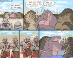 anthro armor big_breasts big_butt breasts butt clothed clothed_human clothed_male clothing dialogue female green_body green_scales grey_body grey_skin group headgear helmet huge_breasts human_on_anthro interspecies male male/female nipples nude nude_anthro nude_female roman scales speech_bubble text water doctordj common_hippopotamus crocodile crocodilian hippopotamid human mammal reptile scalie comic english_text hi_res