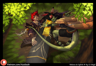armor bird's-eye_view blade dagger day duo female fight forest high-angle_view male melee_weapon outside plant tree weapon azaleesh rokuna sylivie human lizard mammal reptile scalie snake digital_media_(artwork)
