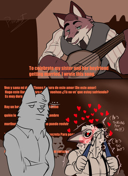 acoustic_guitar anthro barazoku bite blush bodily_fluids breath clothed clothing comic_panel dialogue duo fur guitar heart_symbol humor love male male/male muscular muscular_anthro muscular_male musical_instrument panting plucked_string_instrument red_body red_fur saliva shaking singing spanish string_instrument sweat text trembling white_body white_fur pinumontbalou echo_(series) echo_project the_smoke_room jim_sterling_(the_smoke_room) murdoch_byrnes canid canine canis fox mammal comic english_text hi_res