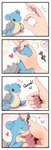 5_fingers ambiguous_gender baby blue_body blush daww duo emanata feral fingers gesture hand_gesture heart_symbol text thumbs_up young pakkopako nintendo pokemon generation_1_pokemon human lapras mammal pokemon_(species) 2021 absurd_res comic english_text hi_res japanese_text pictographics translated