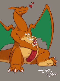 abdominal_bulge after_orgasm anthro belly big_belly blush bodily_fluids claws cock_vore cum cum_text erection feet genital_fluids genitals hand_on_belly hand_on_penis heart_symbol looking_pleasured male male_pred orange_body penile penis simple_background sitting solo text the_end vore wings zeanlain nintendo pokemon charizard generation_1_pokemon pokemon_(species) 2021 3:4 colored hi_res