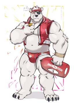 anthro barazoku biped bulge clothed clothing detailed_bulge ear_piercing eye_patch eyewear lifeguard male male_anthro musclegut muscular muscular_anthro muscular_male navel piercing plantigrade simple_background solo speedo speedo_only swimwear topless white_background white_body oinu_kori epic_games fortnite polar_patroller bear mammal polar_bear ursine digital_media_(artwork) hi_res