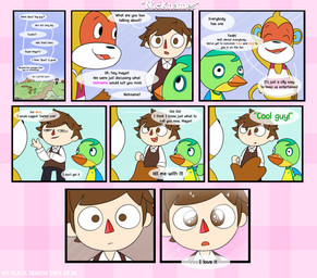 3_fingers 4_fingers 8_panel_comic anthro asking asking_another bangs beak beak_closed black_bottomwear black_clothing black_eyes black_nose black_pants blue_inner_ear bottomwear brown_clothing brown_eyes brown_hair brown_tail brown_topwear brown_vest building closed_frown clothed clothed_anthro clothed_human clothed_male clothing day dialogue eyebrow_through_hair eyebrows eyes_closed feathers fingers food frown frowning_at_viewer fruit fully_clothed fully_clothed_human fully_clothed_male grass green_body green_feathers green_hair group hair hand_behind_head hand_in_pocket hand_on_own_arm light looking_at_viewer male male_anthro male_human mouth_closed narrowed_eyes nickname no_pupils number open_mouth open_smile orange_(fruit) orange_beak outside pants path pattern_clothing pattern_shirt pattern_tank_top pattern_topwear pink_tongue plant pockets purple_clothing purple_shirt purple_tank_top purple_topwear question shirt short_hair smile sparkles sparkling_eyes speech_bubble squint striped_clothing striped_shirt striped_tank_top striped_topwear stripes tail talking_to_another tan_body tan_skin tank_top text thin_eyebrows title tongue topwear translucent translucent_hair tree triangle_nose vest white_dress_shirt white_stripes yelling yelling_at_another yellow_clothing yellow_shirt yellow_topwear cookieboy011 animal_crossing nintendo jitters_(animal_crossing) simon_(animal_crossing) villager_(animal_crossing) avian bird haplorhine human mammal monkey parakeet parrot primate true_parrot 2021 absurd_res colored comic digital_media_(artwork) english_description english_text hi_res lighting
