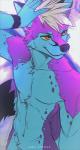 5_fingers anthro blue_body blue_fur fingers fur hair male nude orange_eyes purple_body purple_fur smile solo standing white_hair angiewolf captain_otter saturn_(captain_otter) canid canine canis mammal wolf 2019 digital_media_(artwork)