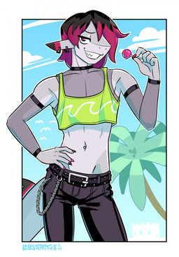 anthro black_bottomwear black_clothing black_jeans black_pants bottomwear candy chain choker clothing colored_nails crop_top denim denim_bottomwear denim_clothing dessert ear_piercing femboy fishnet_clothing food hair jeans jewelry lollipop male nails navel necklace non-mammal_ears non-mammal_hair palm_tree pants piercing plant red_eyes red_hair shirt smile solo topwear tree lobsteritus alex_lcut blacktip_reef_shark carcharhinus fish marine reef_shark requiem_shark shark absurd_res hi_res