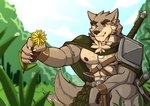 abs anthro armband blurred_background blush body_hair brown_body brown_fur cape cheek_tuft chest_tuft claws clothed clothing dandelion facial_tuft fangs flower forest forest_background fur green_eyes happy_trail holding_flower holding_object jewelry male melee_weapon multicolored_body multicolored_fur muscular muscular_anthro muscular_male nature nature_background neck_tuft nipples pendant plant pubes shoulder_guards smile solo sword tail tail_motion tailwag teeth toothy_smile tree tuft two_tone_body two_tone_fur weapon nackzek far_beyond_the_world_(series) ranok_(far_beyond_the_world) canid canine canis mammal wolf absurd_res hi_res