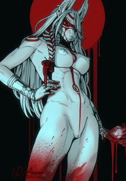 black_background blood blood_on_hand blood_on_leg bodily_fluids bracelet braided_hair breasts ear_piercing ear_ring earplugs facial_piercing female genitals hair jewelry jewelry_only long_hair markings nipple_piercing nipples nose_piercing piercing pose pupils red_eyes red_markings red_sclera ring ring_piercing simple_background solo vulva white_pupils road~abelgeym bat canid canine flying_fox hybrid mammal megabat hi_res line_art pinup