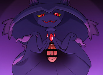 bodily_fluids erection genital_fluids genitals looking_at_viewer male not_furry penis precum purple_background red_eyes simple_background smile solo yellow_sclera riso_bianca nintendo pokemon generation_4_pokemon ghost mismagius pokemon_(species) spirit censored