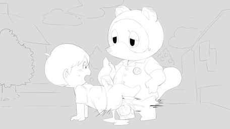 anal anal_penetration anthro anthro_penetrating anthro_penetrating_human balls belly blush bodily_fluids chibi clothing cum cum_in_ass cum_inside cum_on_ground duo genital_fluids genitals human_on_anthro human_penetrated interspecies male male/male male_penetrated male_penetrating male_penetrating_male outside penetration penile penile_penetration penis sex shirt slightly_chubby topwear masshiro animal_crossing nintendo tom_nook_(animal_crossing) villager_(animal_crossing) canid canine human mammal raccoon_dog tanuki 2020 digital_drawing_(artwork) digital_media_(artwork) hi_res monochrome