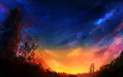 anthro anthro_on_anthro biped cloud detailed_background duo grass kissing male male/male outside plant romantic romantic_ambiance romantic_couple sky standing star starry_sky sunset tree fuwayuuko canid canine canis domestic_dog mammal 16:10 2014 widescreen