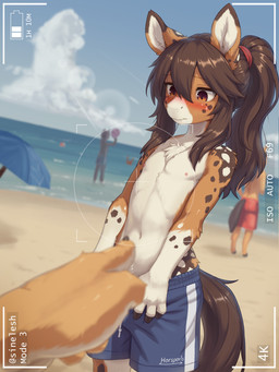 4_fingers anthro ball beach beach_ball beach_umbrella blue_bottomwear blue_clothing blush blush_lines bottomwear bottomwear_pull brown_body brown_eyes brown_fur brown_hair brown_tail camera_hud camera_view chest_tuft claws clothing clothing_pull cloud day dipstick_ears ear_markings finger_claws fingers fur gesture gloves_(marking) group hair hand_gesture hooved_fingers hooves inflatable male markings mouth_closed multicolored_body multicolored_ears multicolored_fur navel nipples orange_body orange_fur outside parasol pink_nipples pointing pointing_at_another ponytail red_bottomwear red_clothing sand shorts shorts_pull spots spotted_body spotted_fur standing swimming_trunks swimwear tail text tuft water white_body white_fur white_text sinelesh equid equine horse mammal 2026 3:4 artist_name english_text
