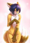 anthro blush canid canine covering covering_crotch covering_self fox front_view girly half-closed_eyes hi_res looking_at_viewer male mammal narrowed_eyes navel nude open_mouth shy simple_background sollyz solo spero_(codenamespero) wide_hips