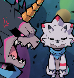 angry anthro black_body black_sclera cross-popping_vein duo evolutionary_family eyes_closed horn humor kerchief male neckerchief neckwear pink_eyes sharp_teeth teeth white_body yelling ridgeone1 bandai_namco digimon digimon_(species) gammamon gulusgammamon scalie hi_res