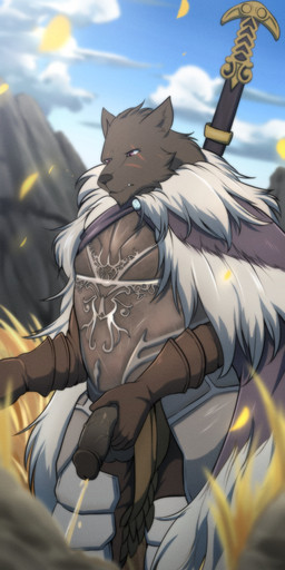 anthro armor balls biped black_body black_fur black_penis bodily_fluids breastplate cloak clothing facial_scar fur genital_fluids genitals humanoid_genitalia humanoid_penis male male_peeing mountain outside peeing penis purple_eyes scar solo standing urine vein veiny_penis watersports kuroikiri elden_ring fromsoftware blaidd_(elden_ring) canid canine canis mammal wolf 2022 absurd_res digital_media_(artwork) hi_res