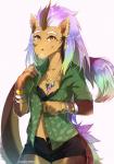 amethyst_(gem) anthro bra bracelet breasts brown_body brown_scales claws clothed clothing ear_piercing emerald_(gem) female fur gem gold_(metal) hair horn iridescent_hair jewelry looking_at_viewer mane medium_breasts multicolored_body multicolored_fur multicolored_hair necklace pendant piercing rainbow_body rainbow_fur rainbow_hair ring sapphire_(gem) scales simple_background smile solo tail tail_tuft tuft underwear white_background yellow_body yellow_eyes yellow_fur hihikori asian_mythology chinese_mythology east_asian_mythology mythology serine dragon furred_dragon furred_scalie kirin mythological_creature mythological_scalie scalie 2016 digital_media_(artwork) hi_res