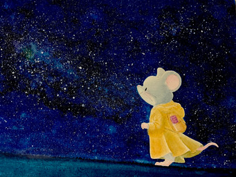 ambiguous_gender anthro backpack biped black_eyes chibi clothed clothing coat detailed_background fur grey_body grey_fur night outside semi-anthro simple_eyes sky solo star starry_sky topwear walking yellow_clothing fusau mammal mouse murid murine rodent 2023 4:3 detailed hi_res traditional_media_(artwork)