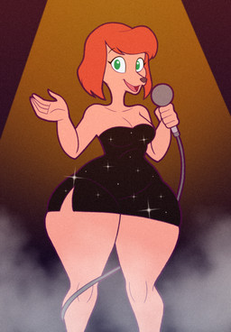 5_fingers anthro bare_shoulders black_clothing black_dress clothing dress electronics female fingers green_eyes holding_microphone holding_object microphone open_mouth solo tongue tonyneely disney goof_troop sylvia_marpole hi_res tagme