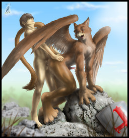 all_fours anal anal_penetration anthro anthro_penetrated balls beak bent_over biped black_border border brown_body brown_eyes brown_fur claws cloud detailed_background doggystyle duo erection eyebrows eyes_closed feathered_wings feathers feet from_behind_position fur genitals hand_on_butt happy human_on_anthro human_penetrating human_penetrating_anthro human_penetrating_male interspecies looking_back male male/male male_on_anthro male_on_human male_penetrated male_penetrating male_penetrating_anthro male_penetrating_male nude open_mouth outside paws penetration penile penile_penetration penis penis_in_ass raised_eyebrow raised_tail red_eyes rock semi-anthro sex shield sky smile standing tail talons toes tongue wings zenthetiger mythology avian gryphon human mammal mythological_avian mythological_creature 2007
