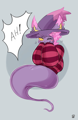 accessory anthro clothing dialogue ellipsis exclamation_point eye_contact femboy fur hair hair_accessory hat headgear headwear hypnosis hypnotic_eyes looking_at_another male mind_control purple_body purple_hair ringed_eyes shirt solo sound_effects speech_bubble text topwear horny_imp nintendo pokemon morgan_(horny_imp) generation_2_pokemon ghost misdreavus pokemon_(species) spirit comic english_text hi_res