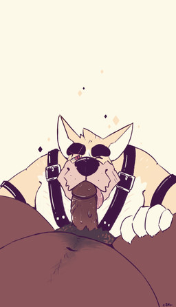 anthro belly big_belly black_harness black_nose black_pubes brown_body brown_penis duo erection front_view fur genitals harness head_tuft humanoid_genitalia humanoid_penis licking looking_at_viewer male male/male narrowed_eyes one_eye_closed oral overweight overweight_anthro overweight_male penile penis penis_lick pubes red_eyes sex simple_background solo_focus tongue tuft vein veiny_penis white_body white_fur yellow_body yellow_fur chocolateandmilk richard_(chocolateandmilk) canid canine canis domestic_dog mammal absurd_res hi_res
