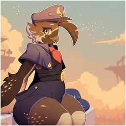 ambiguous_gender anthro beak black_clothing blue_clothing blue_eyes border bottomwear brown_beak brown_body brown_feathers brown_fur brown_hair clothed clothing cloud detailed_background eyelashes feathers floating_island fur grass hair hat headgear headwear markings multicolored_body multicolored_feathers multicolored_fur outside plant red_clothing sitting solo spots spotted_markings sunset tan_body tan_feathers tan_fur thick_thighs topwear two_tone_body two_tone_feathers two_tone_fur white_border wide_hips yellow_clothing yellow_sclera conditional_dnp welwraith eliot_(welwraith) avian bird galliform phasianid quail 1:1 2026 digital_drawing_(artwork) digital_media_(artwork) hi_res watermark