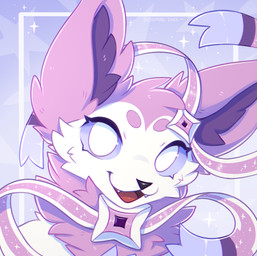 ambiguous_gender black_nose cute_fangs eyelashes fangs feral fluffy fur inner_ear_fluff looking_at_viewer nude open_mouth open_smile pink_tongue pupils purple_body purple_ears purple_eyes purple_fur purple_inner_ear purple_inner_ear_fluff ribbons ribbons_(anatomy) simple_background smile solo sparkles teeth tongue tuft white_body white_fur white_pupils bloominglynx nintendo pokemon phaelin_(orivartheowl) eeveelution generation_6_pokemon pokemon_(species) sylveon 2025 bust_portrait digital_drawing_(artwork) digital_media_(artwork) hi_res portrait signature male_(lore)