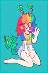 ambiguous_gender antennae_(anatomy) anthro blue_background blue_border border clean_diaper clothed clothing diaper eyewear fur gesture glasses hair kneeling multicolored_hair rainbow_hair red_nose round_glasses shirt simple_background solo spiked_tail spikes spikes_(anatomy) tail topwear waving wearing_diaper white_body white_fur kippinz kip_(kippinz) canid canine canis domestic_dog hybrid mammal 2023 hi_res nonbinary_(lore)