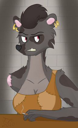 amputee annoyed anthro breasts cigarette cleavage clothed clothing crop_top disability ear_piercing ear_ring female interrogation multiple_piercings piercing prisoner ring_piercing shirt smoke solo topwear lexi_arts rimworld xra_(lexi_arts) gnoll hyena mammal