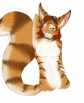 anthro breasts collar eyewear female goggles green_eyes hair looking_at_viewer nude one_eye_closed pupils red_hair slit_pupils solo stripes tail wink winking_at_viewer tuka meph domestic_cat felid feline felis hybrid lagomorph leporid mammal rabbit 2013