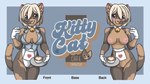2024 advertisement anthro apron bell bell_collar beverage blonde_hair blush breasts cappuccino_(coffee) cappuccino_(michele_light) cleavage clothed clothing cloves coffee collar container cup domestic_cat english_text felid feline felis female fur genitals grey_body grey_fur hair heart_symbol holding_object inner_ear_fluff looking_at_viewer mammal michele_light mostly_nude nipples purple_eyes pussy serving_tray smile solo tan_body tan_fur tea_cup text tortoiseshell_cat tuft