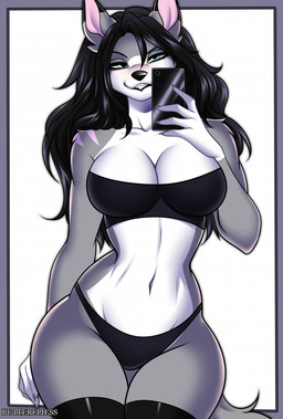 anthro bangs bare_shoulders big_breasts black_clothing black_crop_top black_hair black_legwear black_nose black_shirt black_stockings black_thong black_topwear black_underwear blue_eyes blush breasts cellphone clothing crop_top electronics fangs female front_view fur grey_body grey_fur hair holding_object holding_phone legwear long_hair looking_at_object looking_at_phone navel phone shirt simple_background smartphone solo standing stockings teeth thick_thighs thigh_highs thong topwear underwear white_background white_body white_fur butterfliess canid canine canis mammal wolf 2026 colored digital_drawing_(artwork) digital_media_(artwork) hi_res shaded