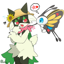 ambiguous_gender anthro biped black_body claws clothing duo feral fur green_body green_fur green_tail hat hat_only headgear headgear_only headwear headwear_only interrobang mostly_nude open_mouth pink_body red_eyes short_tail simple_background tail thought_bubble white_background white_body yellow_body tontaro nintendo pokemon beautifly generation_3_pokemon generation_9_pokemon meowscarada pokemon_(species) 1:1 animated