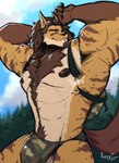 5_fingers anthro backpack big_bulge blue_eyes body_hair brown_body brown_fur bulge camo camo_clothing camo_print chest_tuft clothing cloud fingers flexing flexing_bicep flexing_both_biceps forest fur hair happy_trail jockstrap male mane muscular muscular_male nipples pattern_clothing plant presenting sky smile solo tail tan_body tan_fur tree tuft underwear wardrobe_malfunction fuzziness elan_oconnell canid canine canis felid hybrid lion mammal pantherine wolf hi_res signature