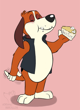 3_toes 4_fingers anthro black_nose cake cake_slice clothing dessert eating eyes_closed feet fingers food fur happy head_tuft long_ears male orange_body orange_fur solo standing tail tail_motion tailwag tan_body tan_fur toes topwear tuft vest adriano_berjillos basset_hound canid canine canis domestic_dog hunting_dog mammal scent_hound
