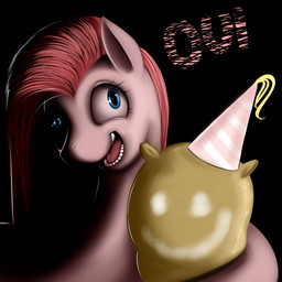 black_background blue_eyes clothing creepy dark derp_eyes female flower hair hat headgear headwear open_mouth party_hat pink_hair plant simple_background smile solo text kloudmutt friendship_is_magic hasbro my_little_pony madame_le_floure_(mlp) pinkamena_(mlp) pinkie_pie_(mlp) earth_pony equid equine horse mammal pony 1:1 2013 absurd_res digital_media_(artwork) french_text hi_res translated