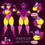 big_breasts big_butt blood blue_body blue_skin bodily_fluids boots breasts butt cleavage clothed clothing costume female footwear heart_symbol purple_eyes shoes side_view solo teeth text wounded yellow_body yellow_skin saesar kirby_(series) nintendo queen_sectonia arthropod hymenopteran insect wasp 1:1 hi_res model_sheet