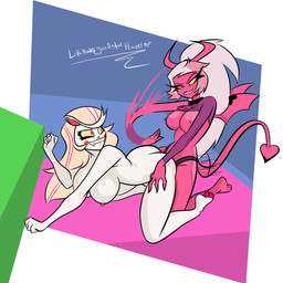 breasts butt duo female female/female horn membrane_(anatomy) membranous_wings nipples nude nude_female sex sex_toy spade_tail strapon strapon_sex tail toying_partner wings aptom7747 hazbin_hotel hellaverse helluva_boss charlie_morningstar verosika_mayday humanoid succubus 1:1 hi_res