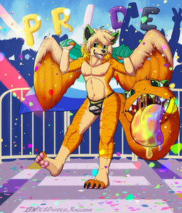 anthro balls black_nose bulge clothed clothing duo fishnet_clothing fishnet_underwear fur genitals green_eyes hair lgbt_pride living_tail looking_at_viewer male markings nipples orange_hair orange_wings penis pride_color_clothing pride_colors solo tail tail_mouth tan_body tan_fur tan_wings text tongue tongue_out underwear underwear_only unusual_anatomy unusual_tail vulva wings divided-raccoon alsander ciaran_(tailmaw) felngo felnid felnidae mammal artist_name digital_media_(artwork) hi_res
