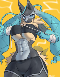4_fingers abs anthro biped breasts clothed clothed_anthro clothed_female clothing countershade_torso countershading female fingers front_view fur looking_at_viewer navel simple_background small_waist solo standing tail teeth thick_thighs yarney nintendo pokemon pokemon_legends_z-a generation_9_pokemon mammal mega_evolution mega_lucario_z pokemon_(species) 2026 absurd_res digital_drawing_(artwork) digital_media_(artwork) hi_res