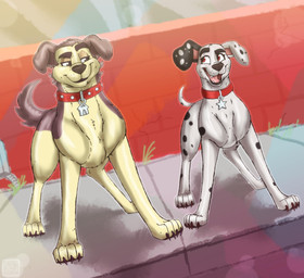 black_ears black_nose black_spots brown_eyes collar duo feral floppy_ears fur grey_background heterochromatic_ears male male/male multicolored_body multicolored_fur pink_inner_ear purple_body purple_fur red_collar simple_background sitting spots star two_tone_body two_tone_fur white_body white_fur white_spots yellow_body yellow_fur xtrent968 101_dalmatian_street 101_dalmatians disney hasbro pound_puppies pound_puppies_(2010) dylan_(101_dalmatians) lucky_(pound_puppies) canid canine canis dalmatian domestic_dog mammal 2019 crossover hi_res