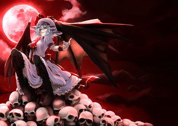 alternative_fashion ascot blue_hair bone bonnet boots bottomwear clothing colored_nails dress female footwear goth gothic_lolita hair hat headgear headwear j-fashion knee_boots knee_highs legwear lolita_(fashion) membrane_(anatomy) membranous_wings mobcap moon nails not_furry red_eyes red_nails ribbons shoes short_hair sitting skirt skull solo tights victorian_goth wings shukusuri touhou remilia_scarlet humanoid vampire hi_res
