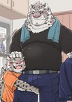 anthro blush bottomwear clothing detailed_background duo hug inside kemono male musclegut muscular overweight overweight_male pants shirt topwear towel towel_around_neck young ryuta-h felid mammal pantherine snow_leopard 2021 hi_res father_(lore) father_and_child_(lore) father_and_son_(lore) parent_(lore) parent_and_child_(lore) parent_and_son_(lore) son_(lore)