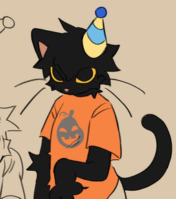 anthro biped black_body black_eyes black_fur clothing for_a_head fur hat headgear headwear looking_at_viewer male orange_clothing orange_shirt orange_topwear party_hat print_clothing print_shirt print_topwear pumpkin_head shirt slim_anthro slim_male solo topwear yellow_sclera sh-4rk thing_(sh-4rk) domestic_cat felid feline felis mammal object_head 2024 traditional_media_(artwork)
