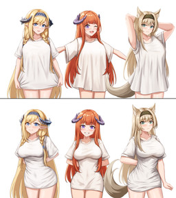before_and_after big_breasts blonde_hair blue_eyes blush breasts clothing female front_view green_eyes group hair horn humanoid_pointy_ears looking_at_viewer pointy_ears purple_eyes red_hair shirt simple_background smile tail topwear white_background white_clothing white_shirt white_topwear gongbangmanchi_(daisy_cutter) arknights hypergryph studio_montagne t-shirt/pajamas_challenge bagpipe_(arknights) horn_(arknights) saileach_(arknights) animal_humanoid canid canid_humanoid horned_humanoid humanoid mammal mammal_humanoid 2023 absurd_res digital_media_(artwork) hi_res